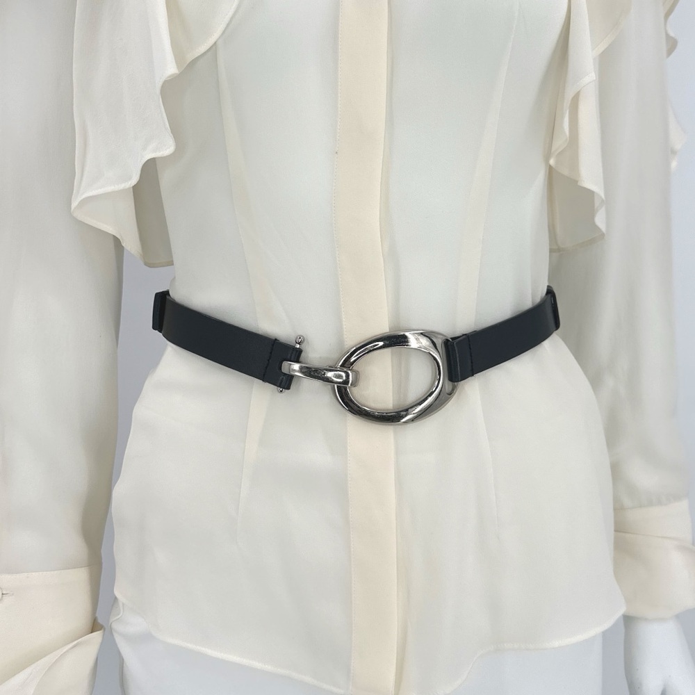 Black Genuine Leather Adjustable Waist Belt with Silver Hardware